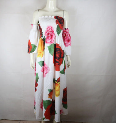 Cross-border European and American sexy tube top printing long skirt big swing skirt black and white dress