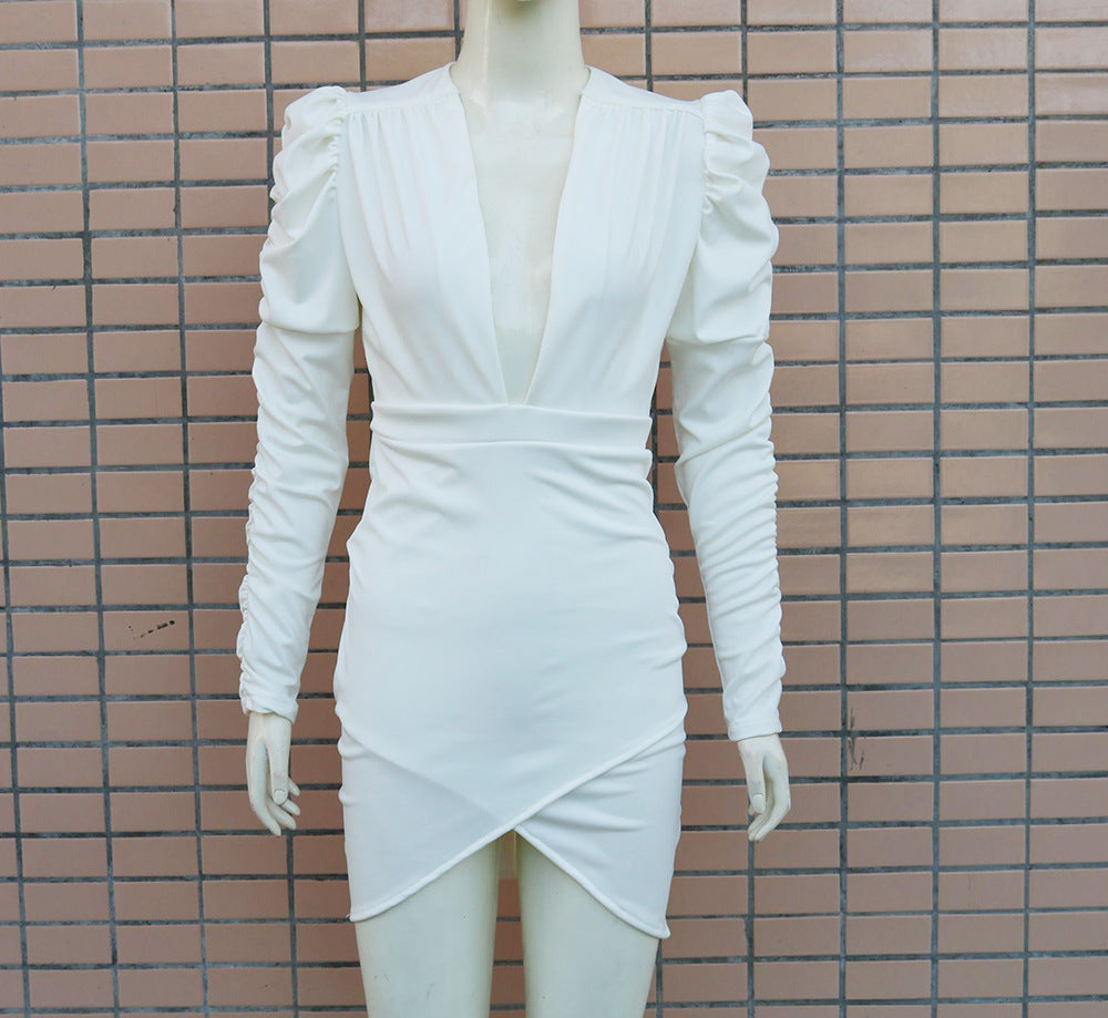 New cross-border European and American V-neck bubble sleeves tight hip-wrapped sexy fashion dress suits