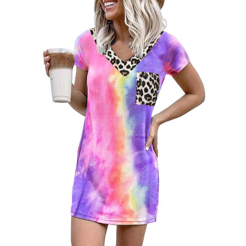 Summer new leopard print splicing V-neck printed dress women's clothing
