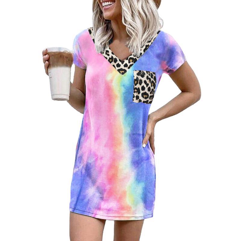 Summer new leopard print splicing V-neck printed dress women's clothing