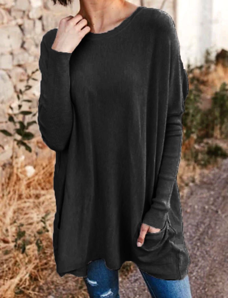 New Spring and Autumn Clothing European and American Casual Pockets Loose T-Shirt Women's Clothing
