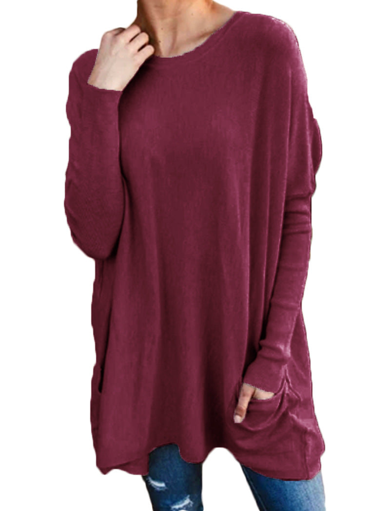 New Spring and Autumn Clothing European and American Casual Pockets Loose T-Shirt Women's Clothing
