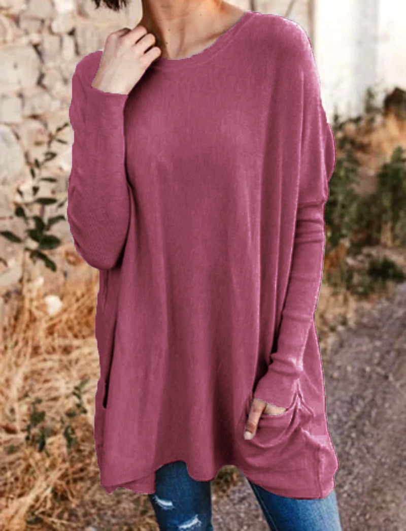 New Spring and Autumn Clothing European and American Casual Pockets Loose T-Shirt Women's Clothing