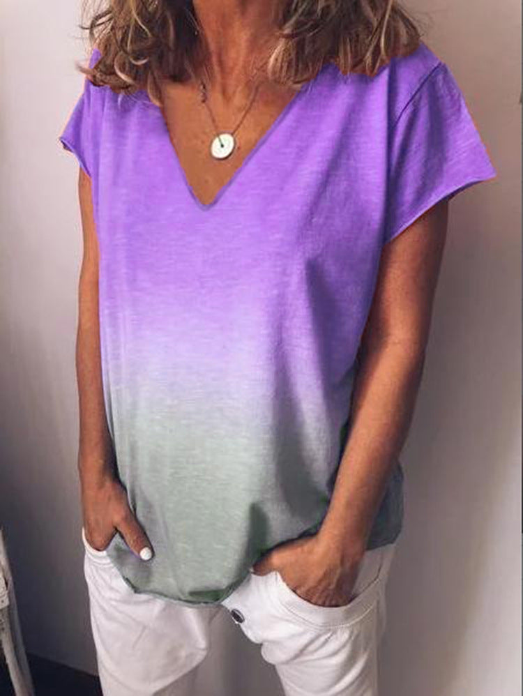 European and American foreign trade hot sale rainbow gradual change printing short-sleeved T-shirt women's clothing