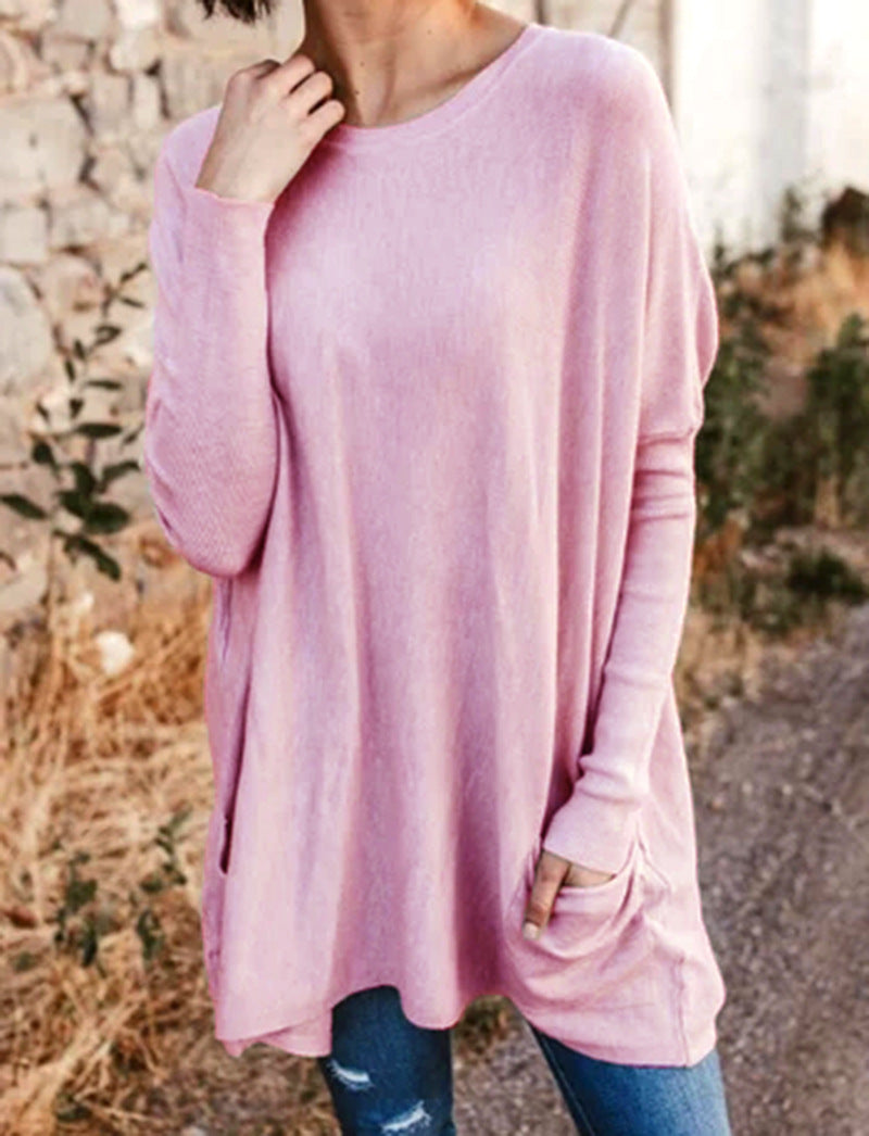 New Spring and Autumn Clothing European and American Casual Pockets Loose T-Shirt Women's Clothing
