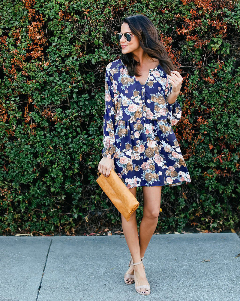 Europe and the United States foreign trade hot sale autumn wear long-sleeved printed dress large size women's clothing