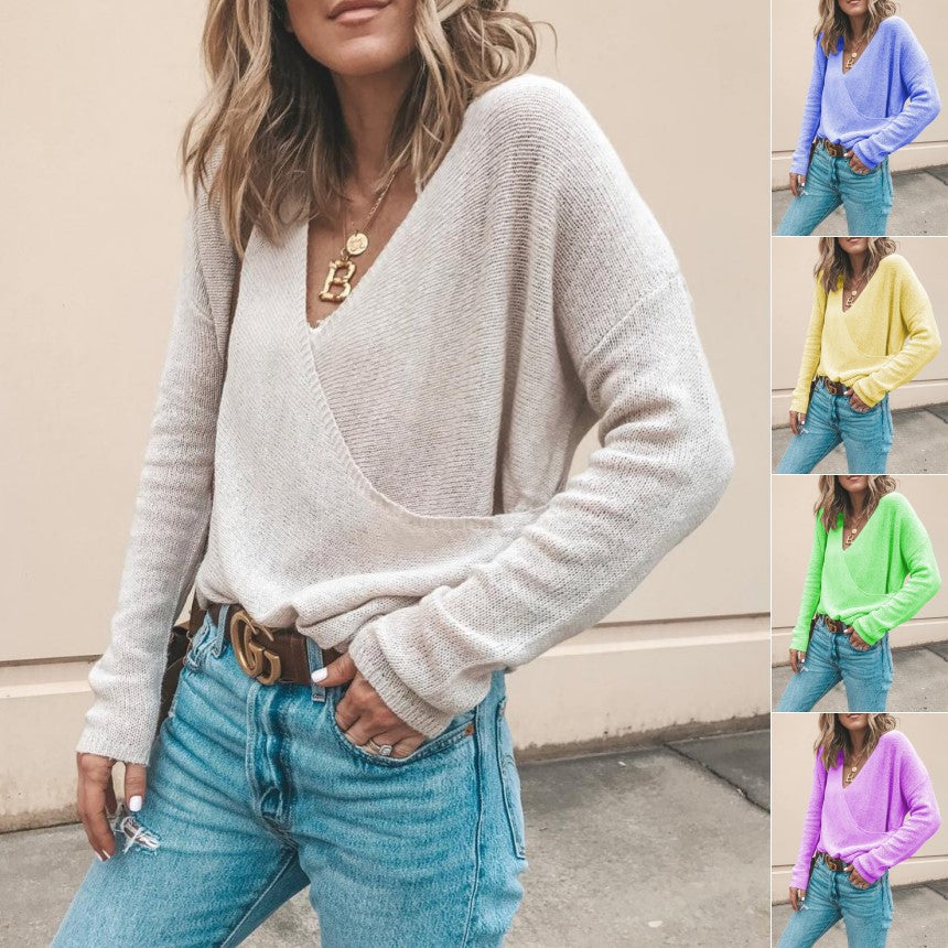 European and American casual solid color long-sleeved knitted sweater top women