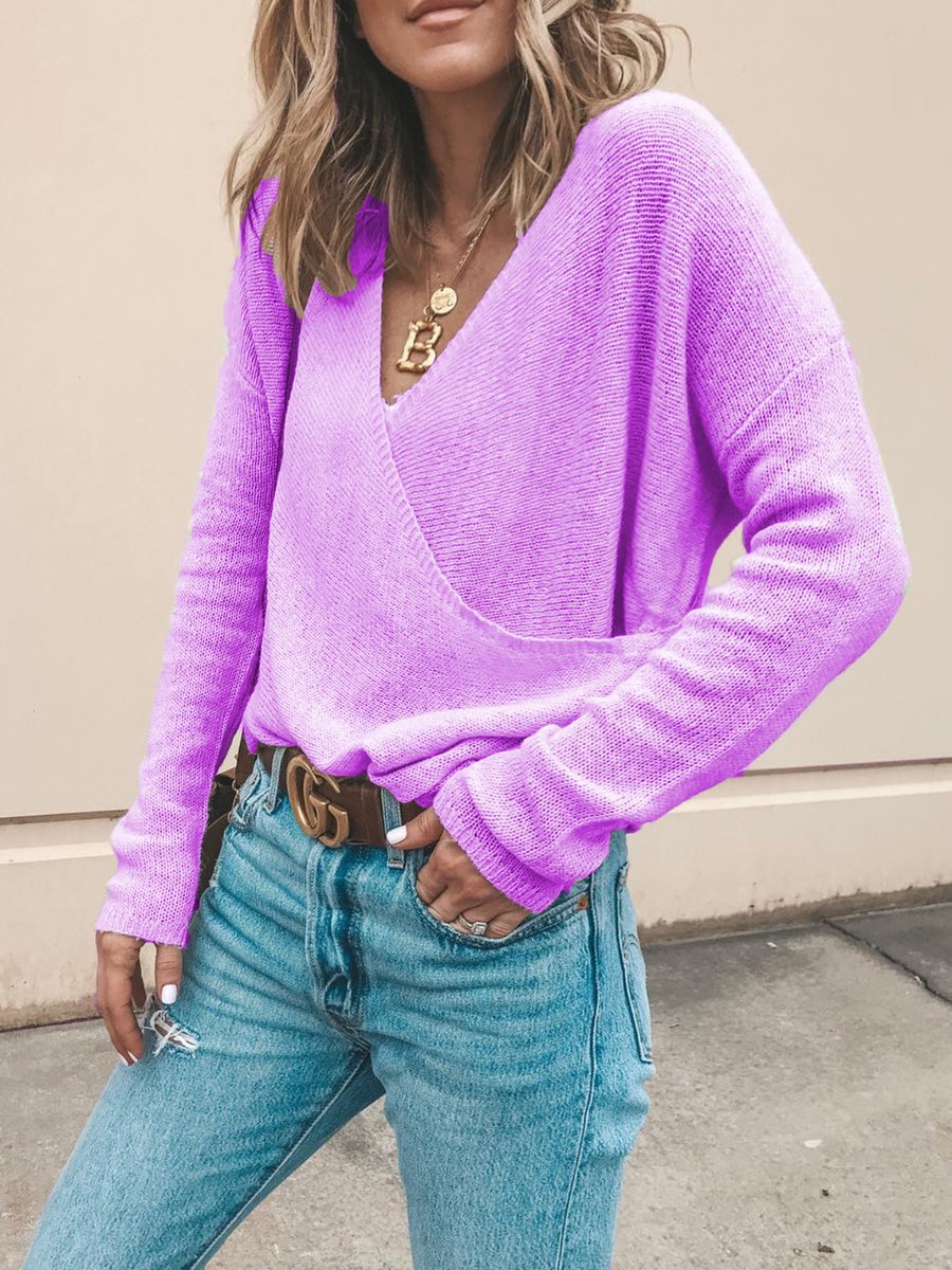 European and American casual solid color long-sleeved knitted sweater top women