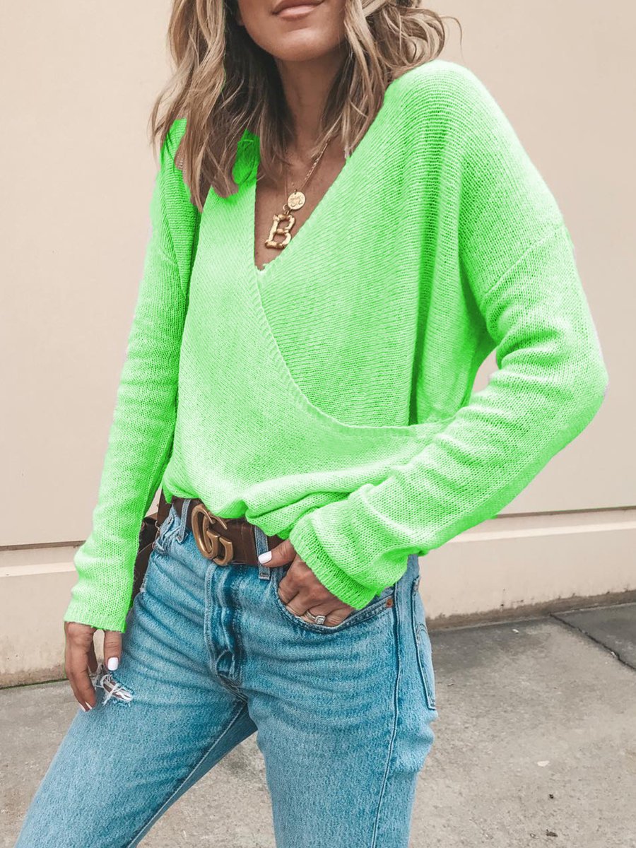 European and American casual solid color long-sleeved knitted sweater top women