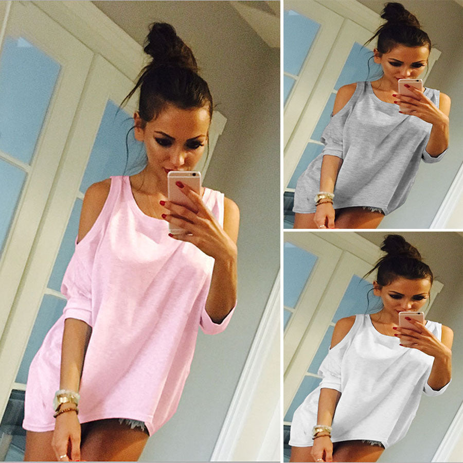 Autumn hot sale AliExpress solid color multi-color fashion simple European and American off-the-shoulder women's top T-shirts