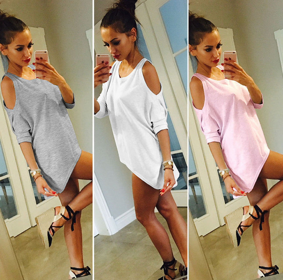 Autumn hot sale AliExpress solid color multi-color fashion simple European and American off-the-shoulder women's top T-shirts