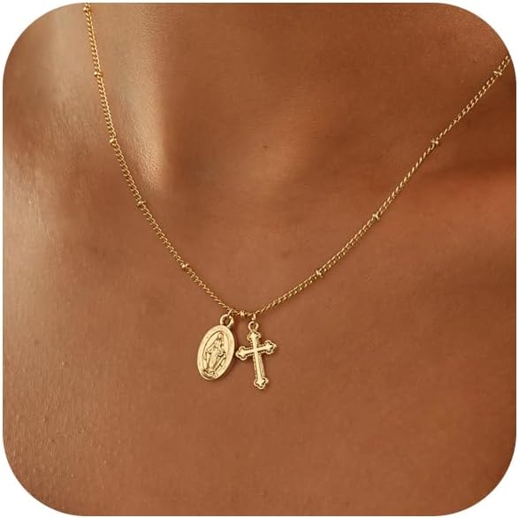 Manufacturer Cross Necklace for Women 14K Gold Silver Plated Dainty Small Cross Pendant Choker Simple Trendy Cute Cross Charm Chain Necklace Easter Basket Stuffers Baptism Religious Faith Jewelry Gift Necklace