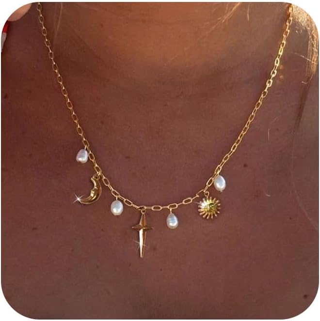 Manufacturer Charm Necklace for Women - Dainty Gold Paperclip Beach Charm Necklace Cute Shell Necklace Moon Star Accessory Beach Cross Hexagram Pendant Preppy Stuff Summer Jewelry for Women necklace