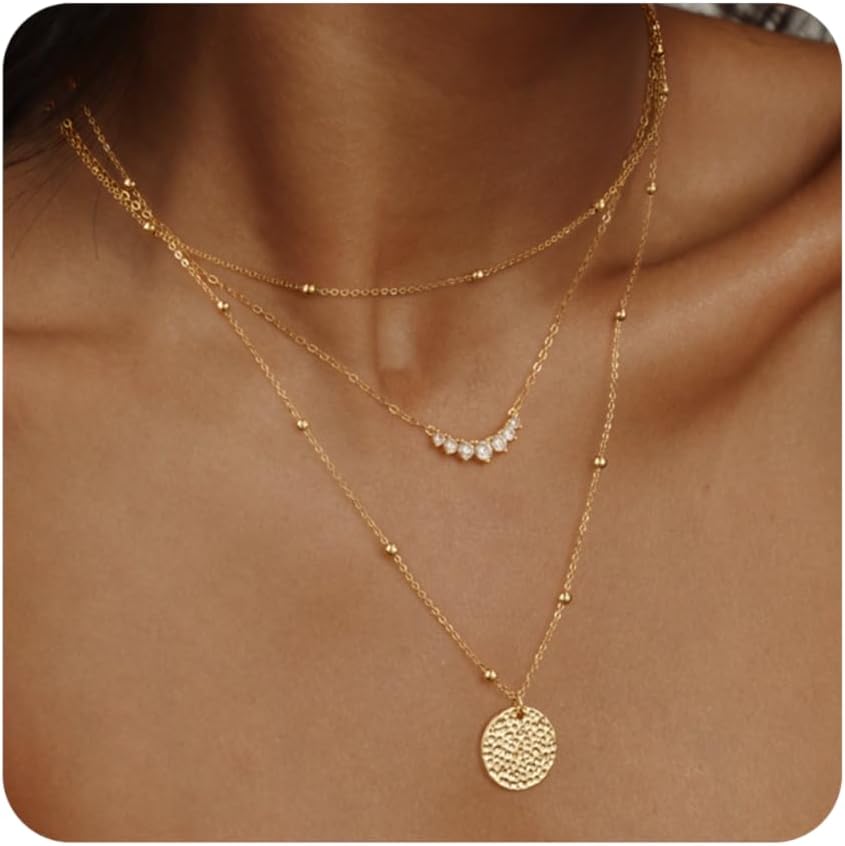 Manufacturer Layered Gold Silver Necklaces for Women, Stackable Stack 14K Real Gold Plated Silver Chain Necklace Diamond Circle CZ Layering Pendant Necklaces Trendy Gold Jewelry Set Gifts Necklace