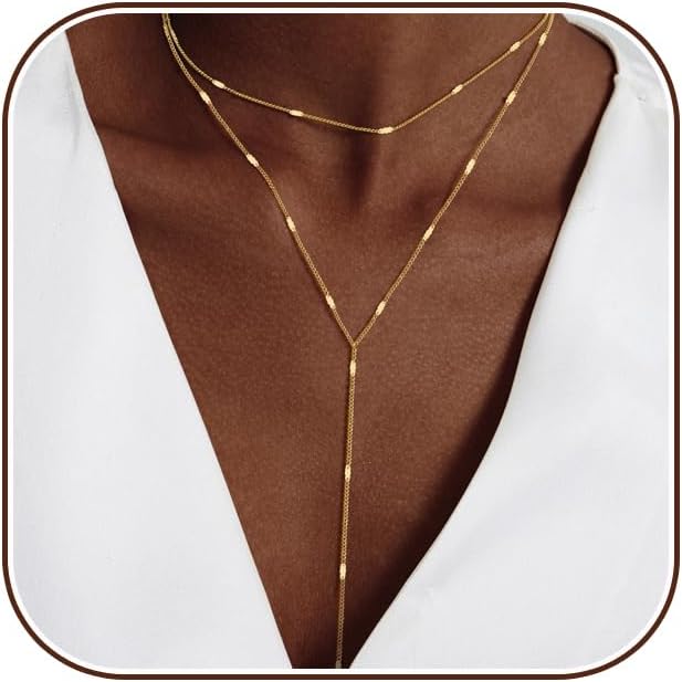Manufacturer Lariat Gold Necklace for Women, Dainty Long Necklace 14k Gold Plated/Silver Y-Shaped Layered Beaded Chain Drop Necklaces for Women Trendy Simple Gold Jewelry for Women Gifts Necklace