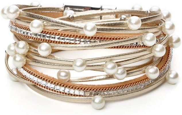 Manufacturer Fesciory Leopard Bracelet for Women, Boho Leather Wrap Multi-Layer Pearl Crystal Bracelet Bangle Jewelry bracelets