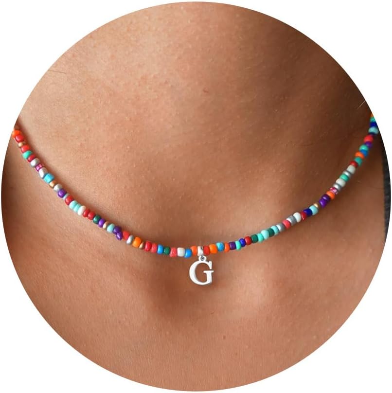 Manufacturer Yoosteel Colorful Beaded Initial Necklaces for Girls Gifts - Cute Initial Necklaces for Teen Girl Women Trendy Letter Necklace Jewelry for Girls Kids Personalized Birthday Back to School Gifts necklace