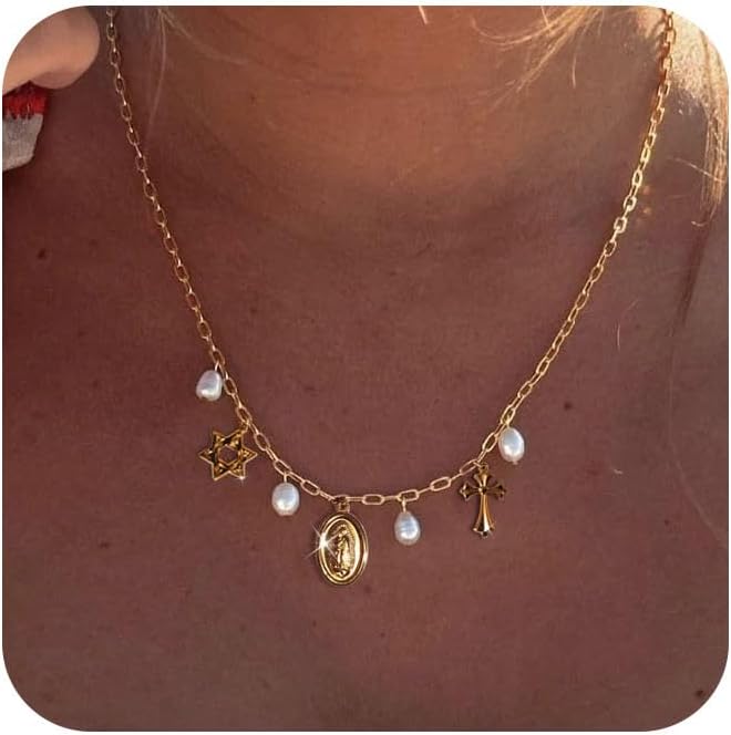 Manufacturer Charm Necklace for Women - Dainty Gold Paperclip Beach Charm Necklace Cute Shell Necklace Moon Star Accessory Beach Cross Hexagram Pendant Preppy Stuff Summer Jewelry for Women necklace