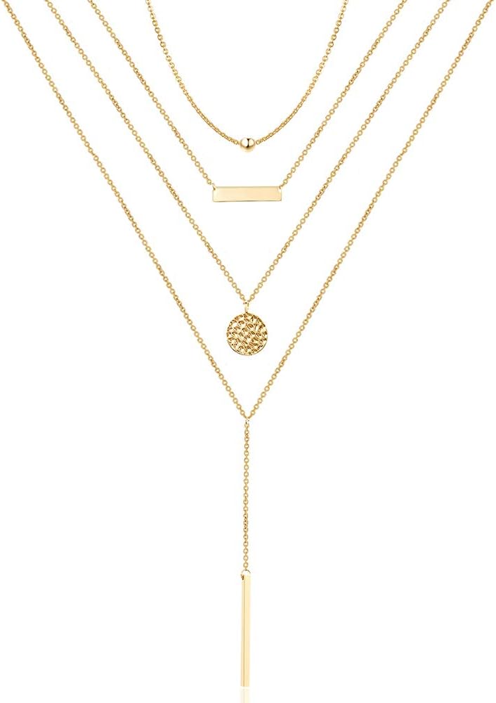 Manufacturer Turandoss Dainty Layered Choker Necklace, Handmade 14K Gold Plated Y Pendant Necklace Multilayer Bar Disc Necklace Adjustable Layering Choker Necklaces for Women necklace