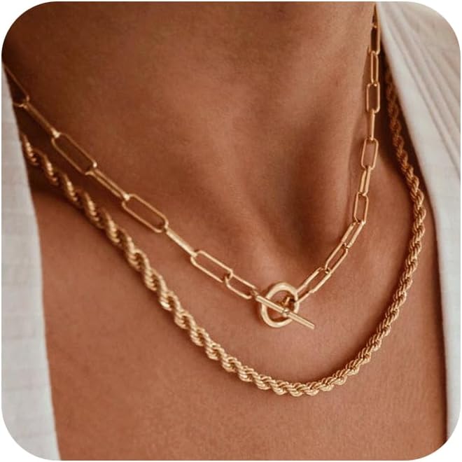 Manufacturer CHESKY Gold Layered Necklaces for Women, 14K Dainty Gold Chain Necklace Women Trendy Cuban Link Paperclip Chain Toggle Clasp Necklace Fashion Chunky Jewelry for Women Necklace
