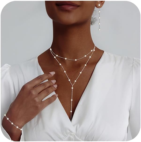 Manufacturer Lariat Gold Necklace for Women, Dainty Long Necklace 14k Gold Plated/Silver Y-Shaped Layered Beaded Chain Drop Necklaces for Women Trendy Simple Gold Jewelry for Women Gifts Necklace