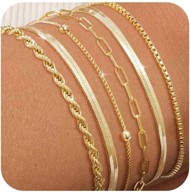 Manufacturer Gold Bracelets for women 14K Gold Bangle Bracelet Stack - Adjustable Waterproof Trendy Bracelets Gold Filled Stacks Bangles Link Chain Gold Bracelet Non Tarnish for Women Jewelry Gifts bracelets