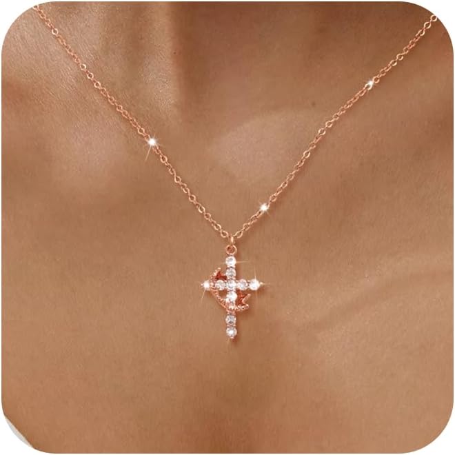 Manufacturer Tewiky Diamond Cross Necklace for women-Dainty 14k Gold Cubic Zirconia Pendant Necklaces Simple Gold Cross Pendant Necklace Cute Tiny Gold Jewelry necklace