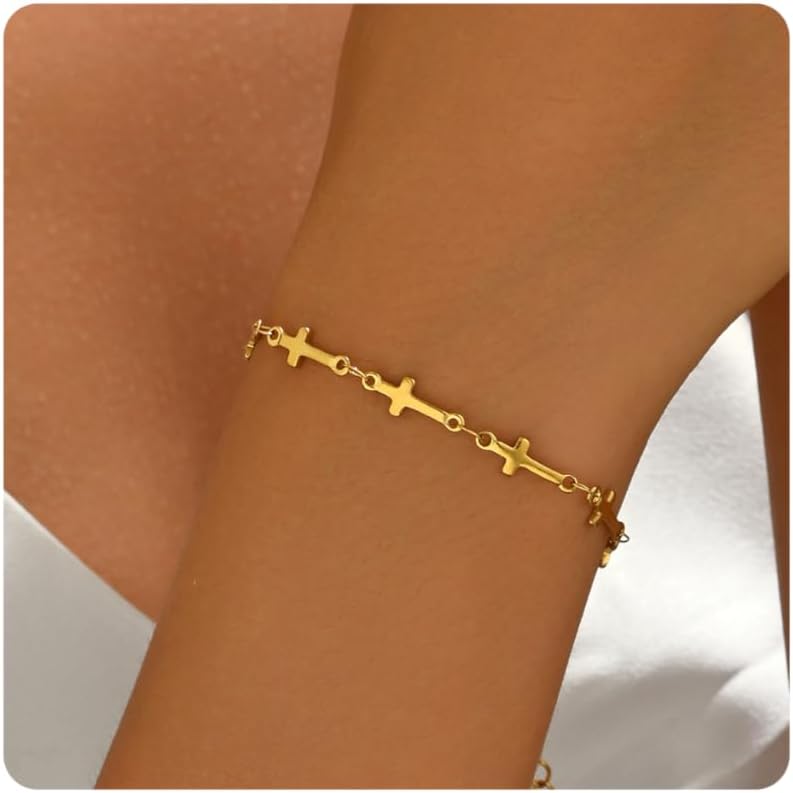 Manufacturer 18K Gold Plated Pearl Beaded Chain Cross Bracelets for Women Adjustable Stainless Steel Dainty Thin Gold Box Cuban Twisted Link Chain Bracelet Bridesmaid Jewelry bracelets