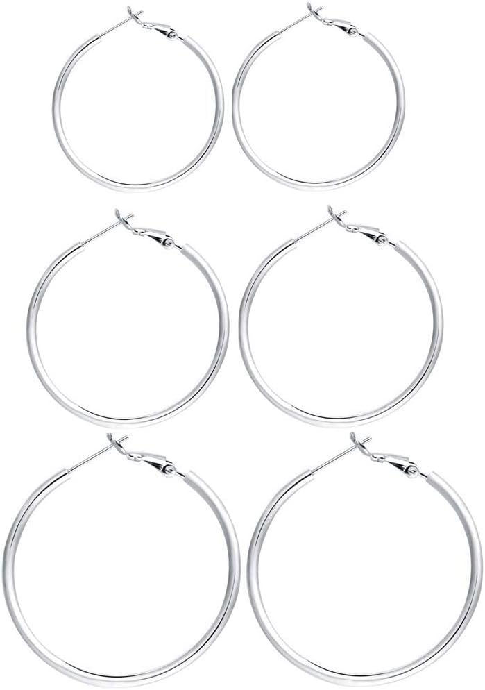 Manufacturer 3 Pairs Sterling Silver Hoop Earrings, 14K White Gold Plated Big Hoop Earrings Set for Women 40 50 60MM earring