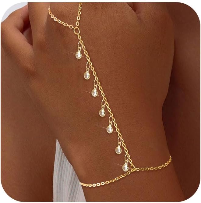 Manufacturer Bracelets for Women,14K Gold/Silver Plated Dainty Hand Chain Bracelets Trendy Ring Chain Bracelet Charm Gold Cuff Bangle Stackable Bracelets Fashion Body Jewelry Adjustable Waterproof Gifts for Her bracelets