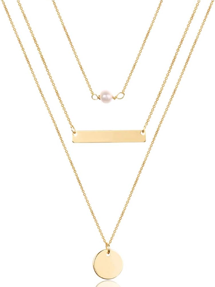 Manufacturer Turandoss Dainty Layered Choker Necklace, Handmade 14K Gold Plated Y Pendant Necklace Multilayer Bar Disc Necklace Adjustable Layering Choker Necklaces for Women necklace