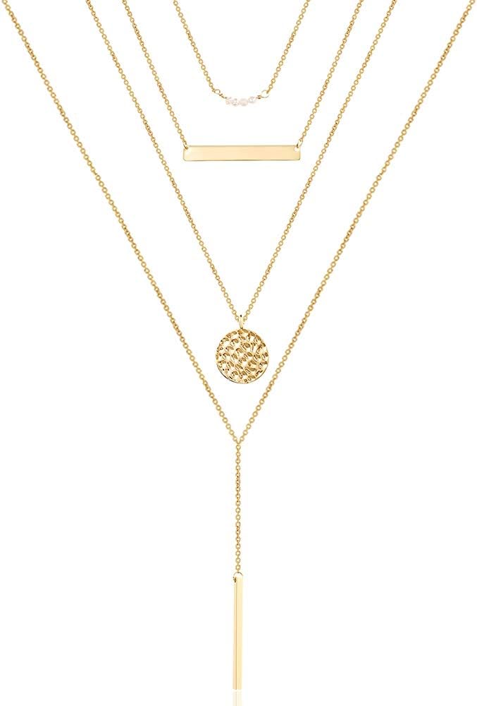 Manufacturer Turandoss Dainty Layered Choker Necklace, Handmade 14K Gold Plated Y Pendant Necklace Multilayer Bar Disc Necklace Adjustable Layering Choker Necklaces for Women necklace
