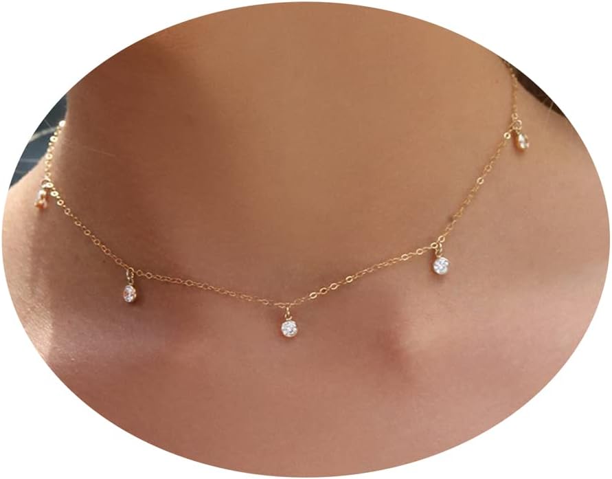 Manufacturer Tewiky Diamond Necklaces for Women, Dainty 14k Gold/Sterling Silver Choker Necklace Simple Gold Plated CZ Jewelry Necklaces for Women Trendy Gifts Necklace