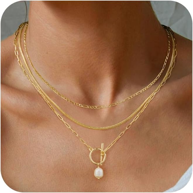 Manufacturer Gold/Silver Necklaces Stack For Women,14K Gold/Sterling Silver Plated Simple Layered Choker Necklaces For Women,Stackable Multilayer Pearl Cross Disc Circle Pendant Cuban Herringbone Snake Paperclip Chain Necklaces