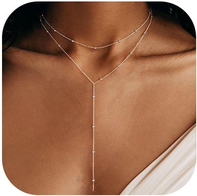 Manufacturer Foxgirl Lariat Gold Necklace for Women, Dainty Long Necklace 14k Gold Plated/Silver Y-Shaped Pendant Necklace Trendy Layered Cz Beaded Chain Drop Necklaces Simple Gold Jewelry For Women Gift Necklace