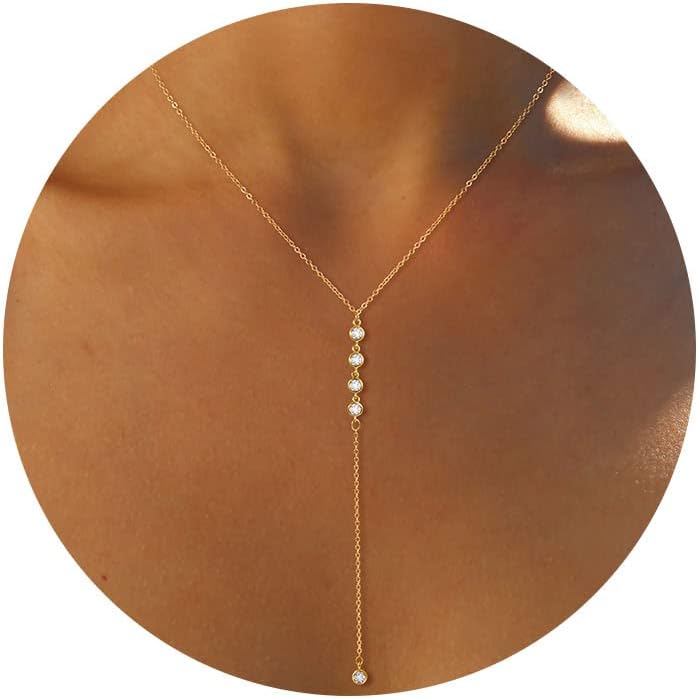 Manufacturer Foxgirl Lariat Gold Necklace for Women, Dainty Long Necklace 14k Gold Plated/Silver Y-Shaped Pendant Necklace Trendy Layered Cz Beaded Chain Drop Necklaces Simple Gold Jewelry For Women Gift Necklace