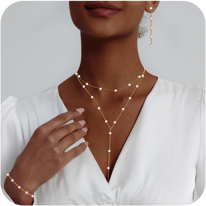 Manufacturer Lariat Gold Necklace for Women, Dainty Long Necklace 14k Gold Plated/Silver Y-Shaped Layered Beaded Chain Drop Necklaces for Women Trendy Simple Gold Jewelry for Women Gifts Necklace