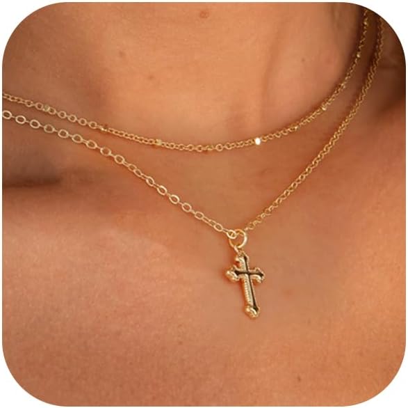 Manufacturer Cross Necklace for Women 14K Gold Silver Plated Dainty Small Cross Pendant Choker Simple Trendy Cute Cross Charm Chain Necklace Easter Basket Stuffers Baptism Religious Faith Jewelry Gift Necklace