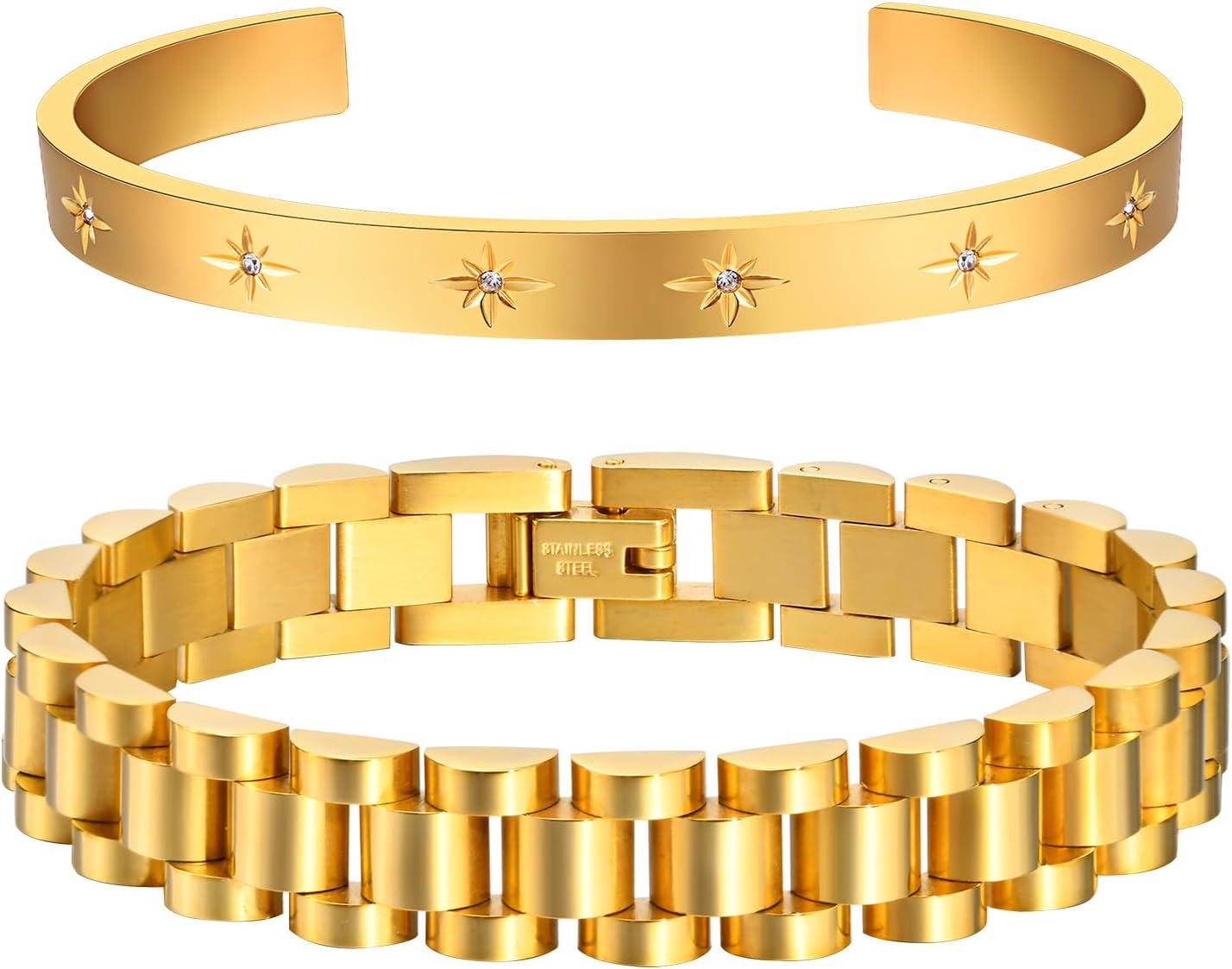 Manufacturer MPRAINBOW 2pcs Gold Chain Link Bracelet, Stainless Steel Crystal Friendship Bracelets Bangle,Watch Band Chains Wristband Jewelry with Adjust Tool bracelets