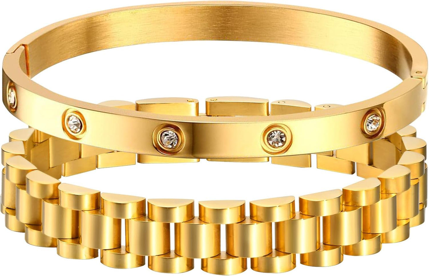 Manufacturer MPRAINBOW 2pcs Gold Chain Link Bracelet, Stainless Steel Crystal Friendship Bracelets Bangle,Watch Band Chains Wristband Jewelry with Adjust Tool bracelets
