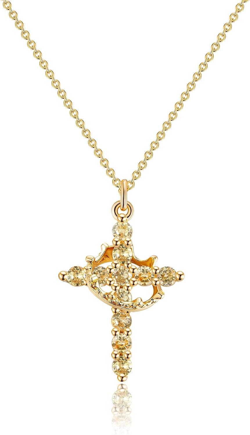Manufacturer Upgraded Crown Cross Necklace for Women Women's Gifts 14K Gold Plated Crown Cross Pendant Necklace Diamond Cross Necklaces Faith Cross Jewelry First Communion Gifts Necklace