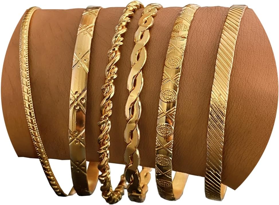 Manufacturer IFKM Gold Bangle Bracelets For Women, 14k Gold Plated Multi Layer Stackable Cuff Bracelet Set, Trendy Elegance Charms Non Tarnish Minimalist Textured Boho Jewelry Gift for Women bracelets
