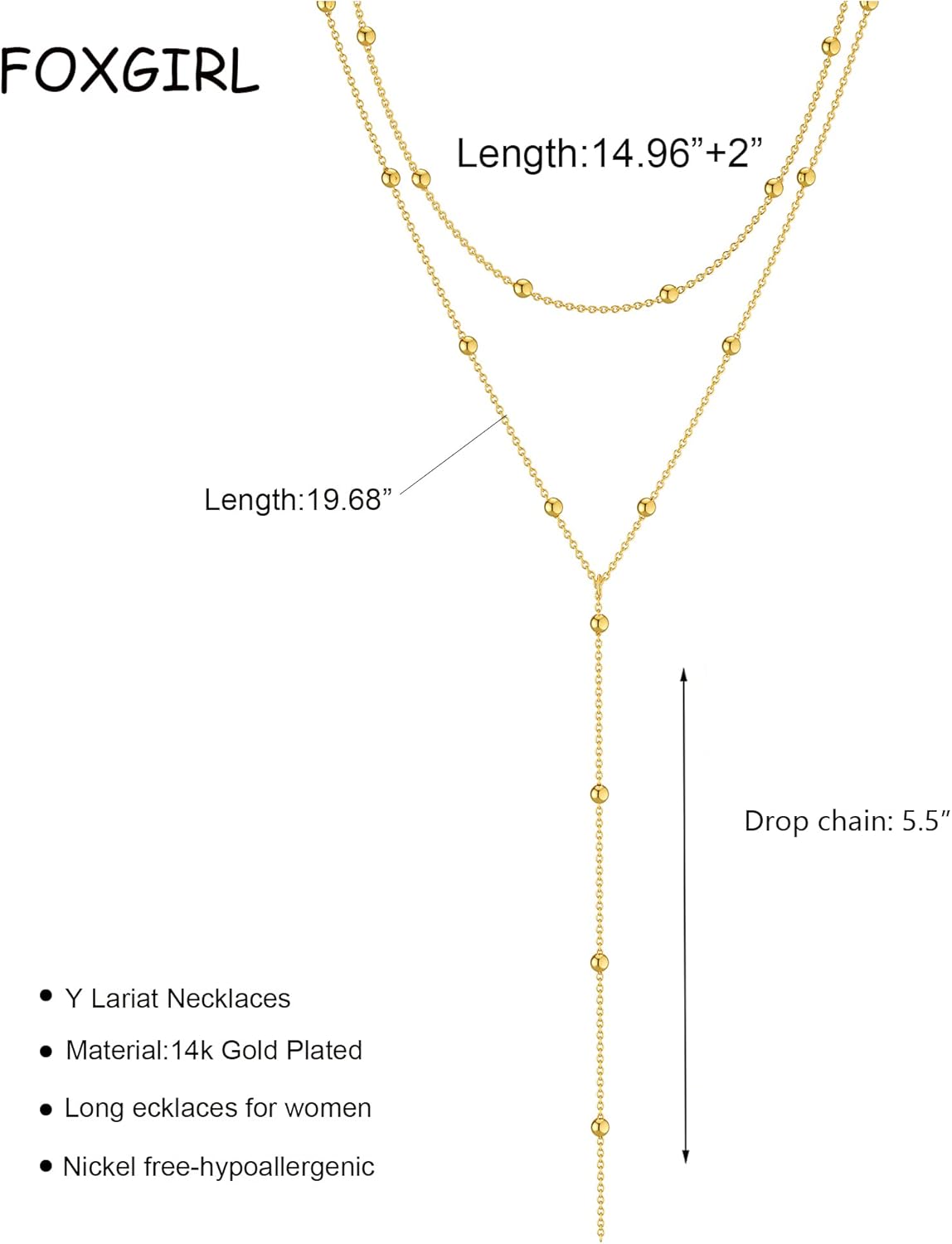 Manufacturer Foxgirl Lariat Gold Necklace for Women, Dainty Long Necklace 14k Gold Plated/Silver Y-Shaped Pendant Necklace Trendy Layered Cz Beaded Chain Drop Necklaces Simple Gold Jewelry For Women Gift Necklace