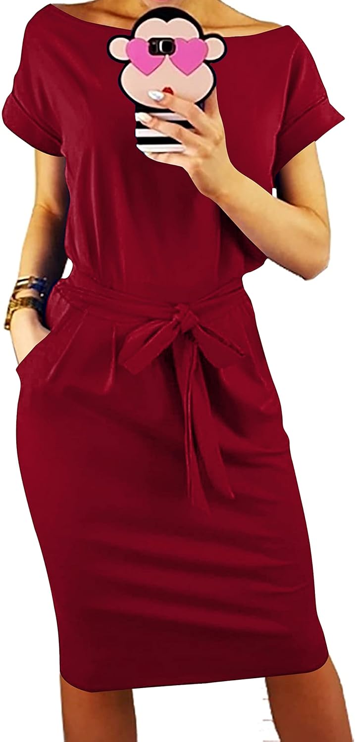 Manufacturer PRETTYGARDEN Women's Summer Short Sleeve Crewneck Striped Dress Basic Solid Tie Waist Office T Shirt Dresses Pockets dresses