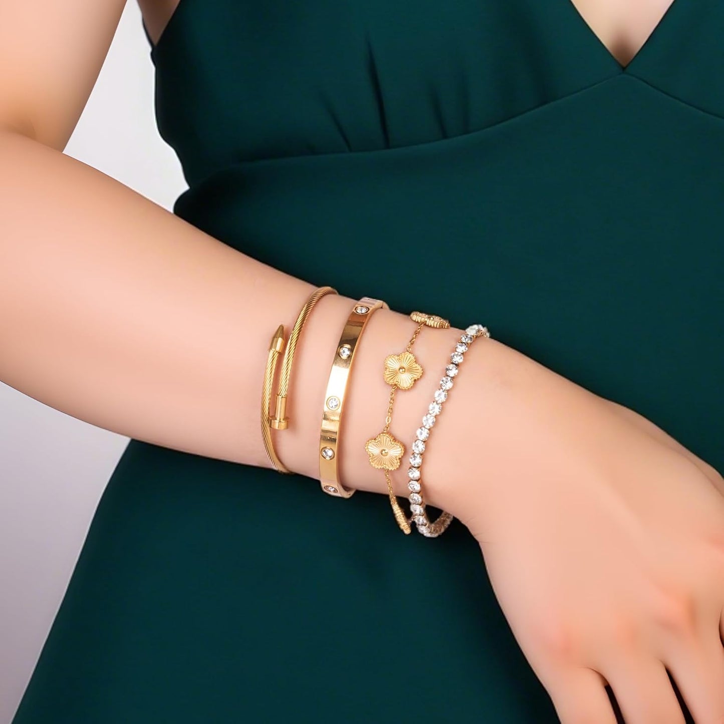 Manufacturer Lamdo 18K Gold Plated Womens Stackable Floral Gold Clover Bracelets Set Love Bangle Bracelets Non Tarnish, Gold Bracelet Set Trendy Jewelry,Gifts for Women's Day and Mother's Day bracelets