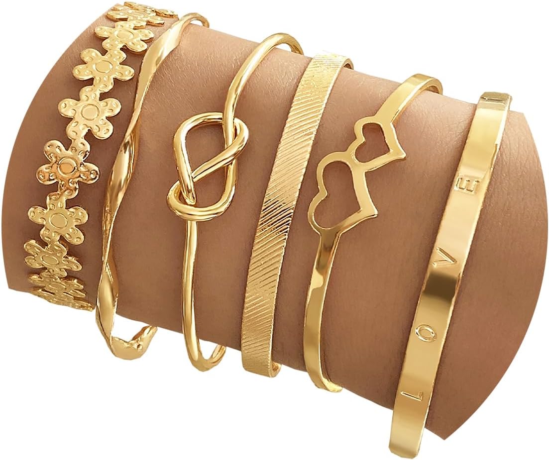 Manufacturer IFKM Gold Bangle Bracelets For Women, 14k Gold Plated Multi Layer Stackable Cuff Bracelet Set, Trendy Elegance Charms Non Tarnish Minimalist Textured Boho Jewelry Gift for Women bracelets