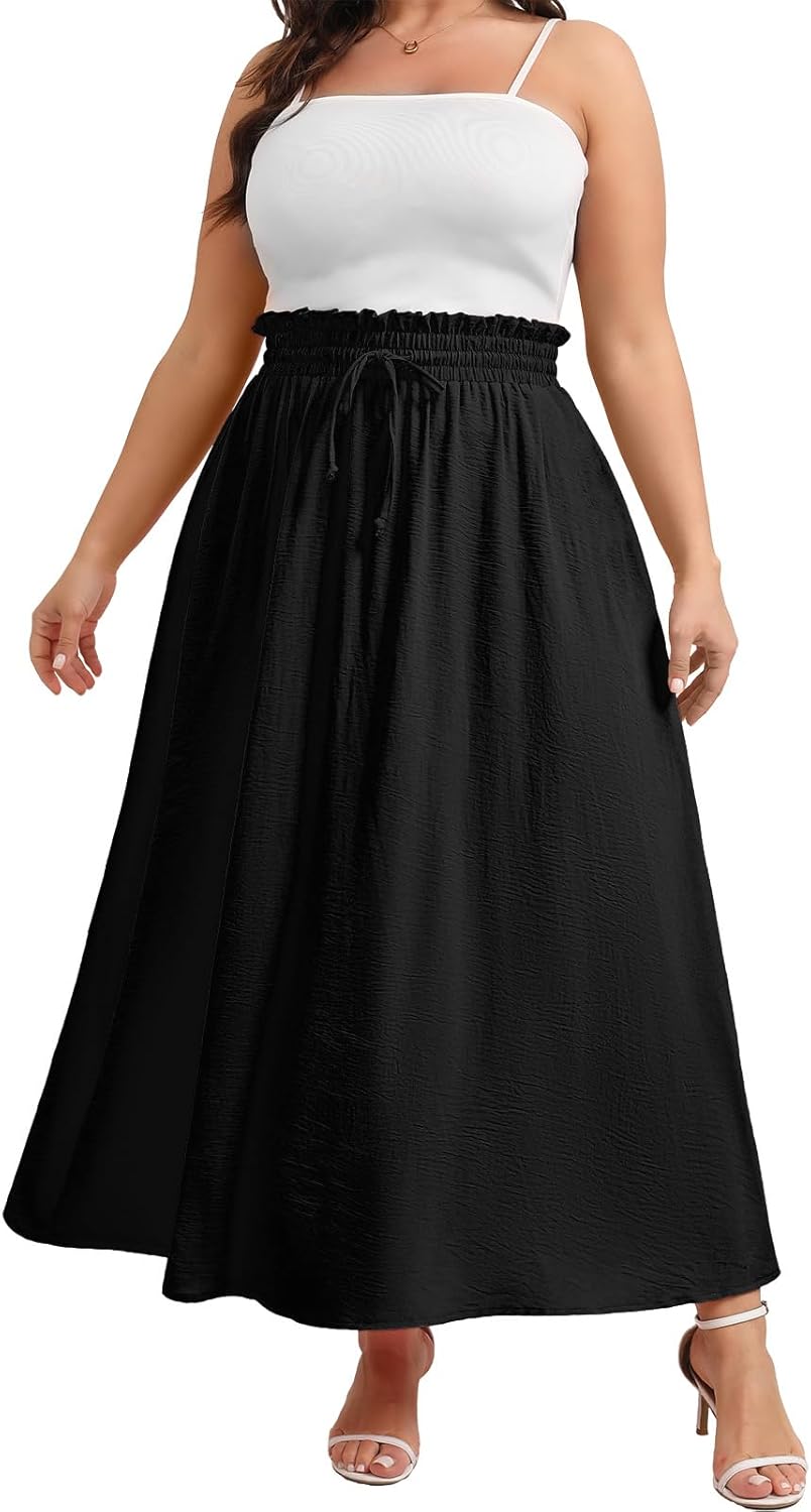 Xpenyo Womens Plus Size Maxi Skirts Summer Elastic High Waisted Boho Casual Beach Flowy Swing Long Skirts with Pockets