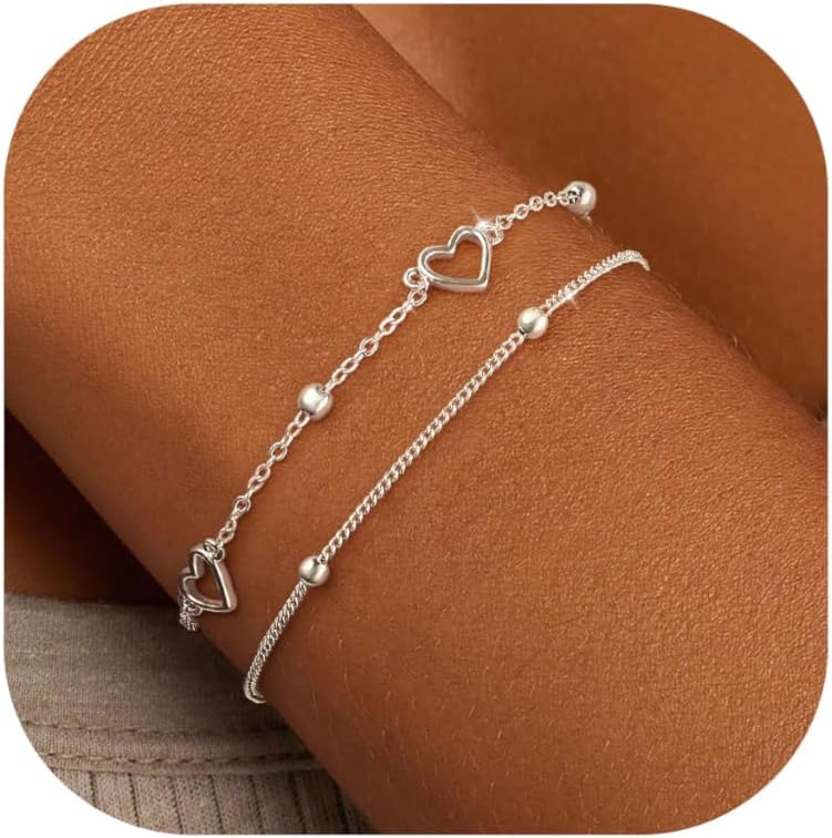 Manufacturer KOHOTA Silver Gold Bracelets for Women Trendy 14K Gold Plated Bracelet for Women Non Tarnish Dainty Stackable Layered Chain Heart Pearl Knot Beaded Bracelets Stack Set Charm Mothers Day Jewelry Gifts bracelets