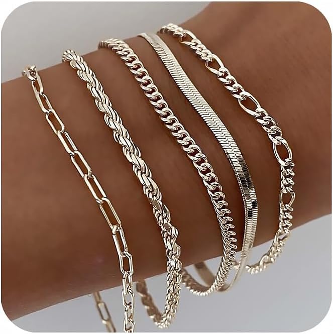 Manufacturer DEARMAY Gold Bracelets for Women Waterproof, 14K Real Gold Jewelry Sets Trendy Thin Dainty Stackable Cuban Link Paperclip Chain Bracelet Pack Fashion Accessories Gifts for Womens bracelets