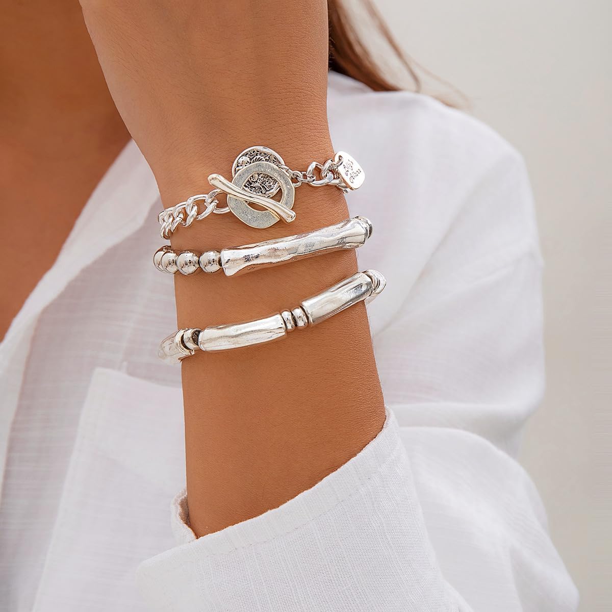 Manufacturer Jumwrit 3pcs Boho Layered Beaded Bracelets Set for Women Dainty Stretch Elastic Round Ball Beads Tube Chunky Chain Bracelets Stackable Silver Toggle Cuban Link Bracelets Trendy Jewelry bracelets